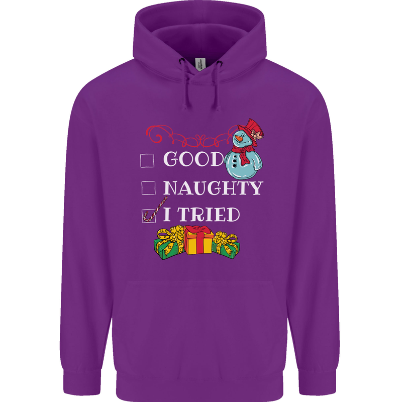 Good Naughty I Tried Funny Christmas Xmas Childrens Kids Hoodie Purple