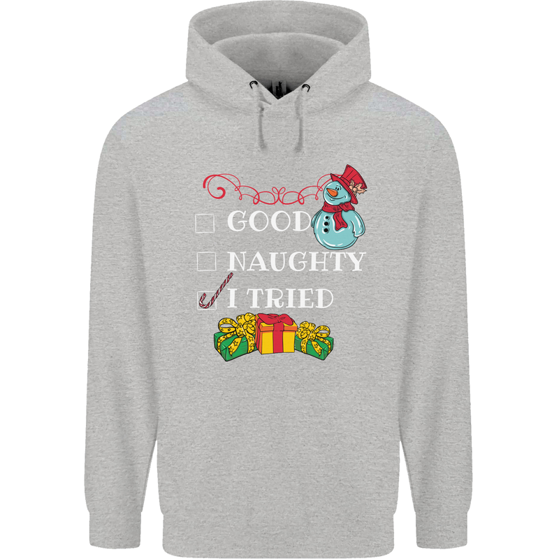 Good Naughty I Tried Funny Christmas Xmas Childrens Kids Hoodie Sports Grey