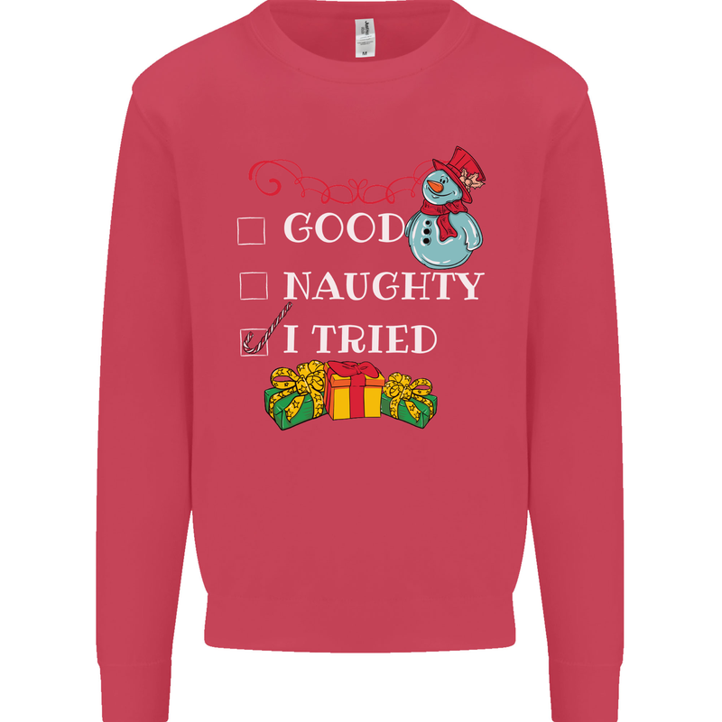 Good Naughty I Tried Funny Christmas Xmas Kids Sweatshirt Jumper Heliconia
