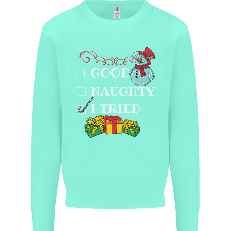 Good Naughty I Tried Funny Christmas Xmas Kids Sweatshirt Jumper Peppermint