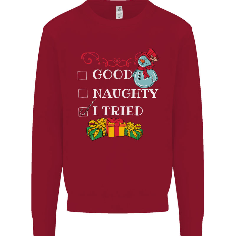 Good Naughty I Tried Funny Christmas Xmas Kids Sweatshirt Jumper Red