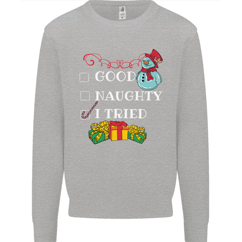 Good Naughty I Tried Funny Christmas Xmas Kids Sweatshirt Jumper Sports Grey