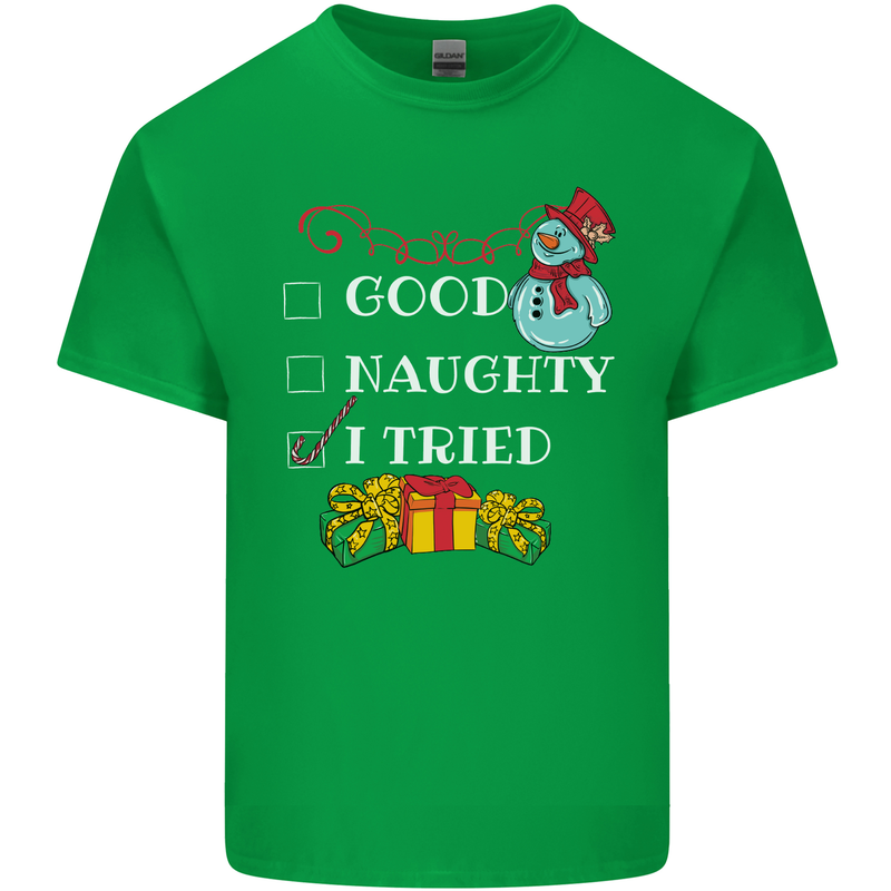 Good Naughty I Tried Funny Christmas Xmas Mens Cotton T-Shirt Tee Top Irish Green
