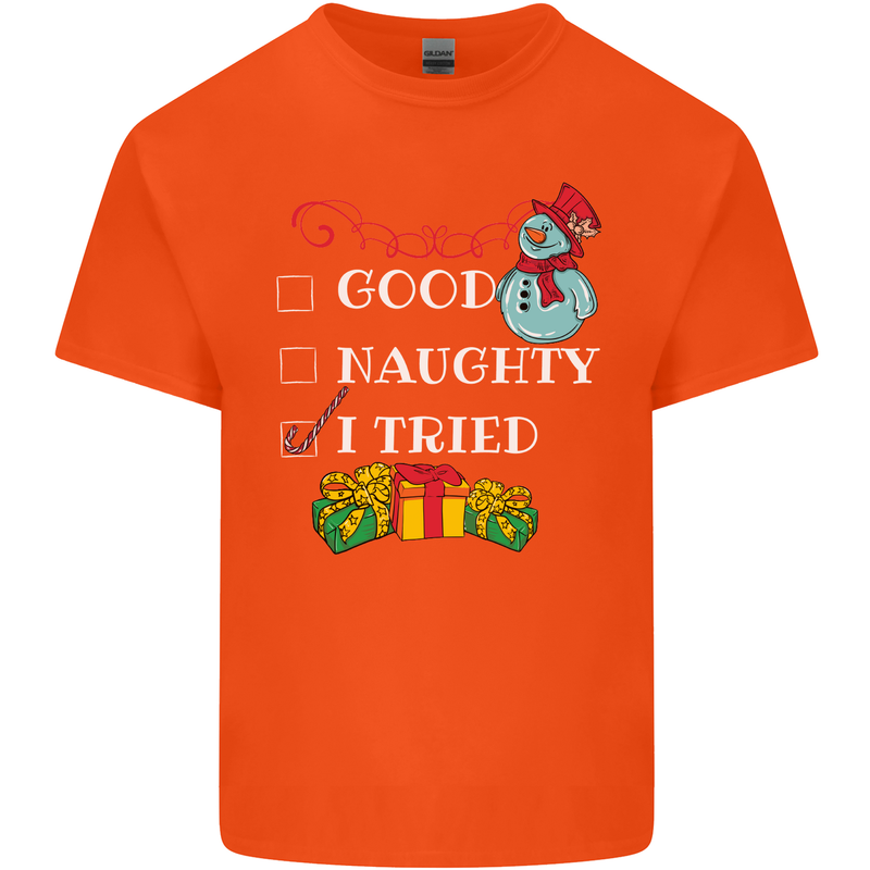 Good Naughty I Tried Funny Christmas Xmas Mens Cotton T-Shirt Tee Top Orange