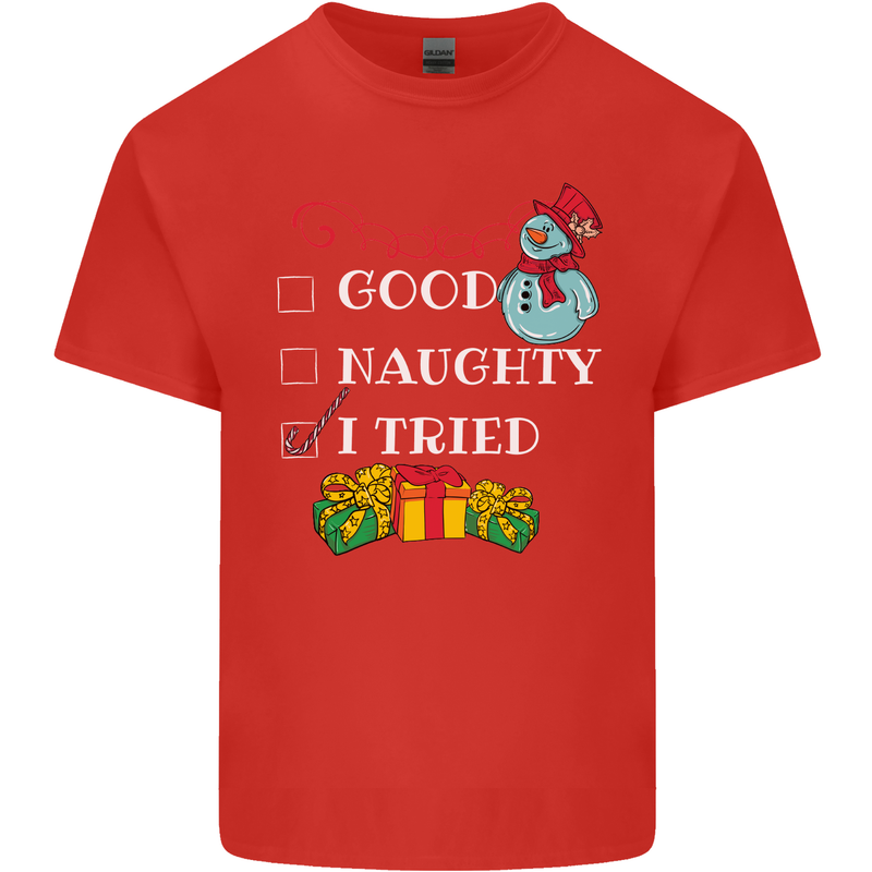 Good Naughty I Tried Funny Christmas Xmas Mens Cotton T-Shirt Tee Top Red