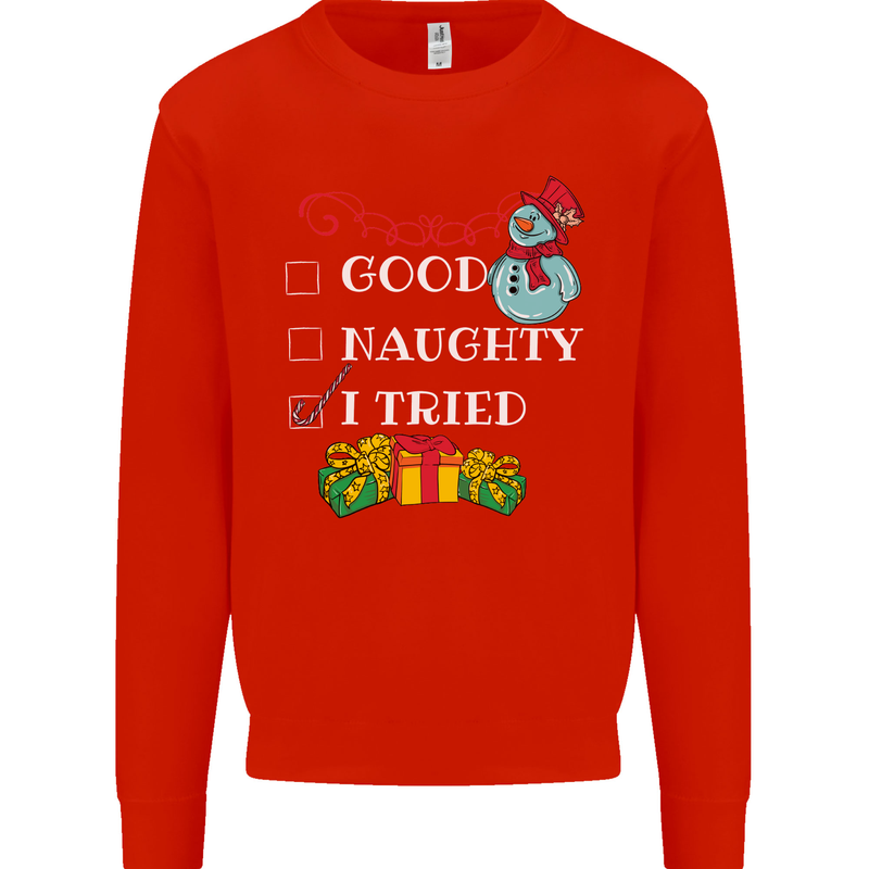Good Naughty I Tried Funny Christmas Xmas Mens Sweatshirt Jumper Bright Red