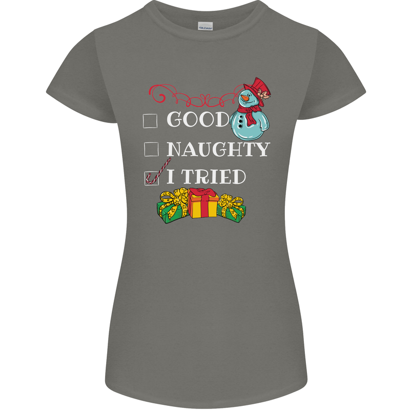 Good Naughty I Tried Funny Christmas Xmas Womens Petite Cut T-Shirt Charcoal