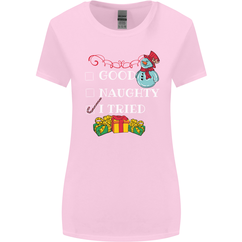 Good Naughty I Tried Funny Christmas Xmas Womens Wider Cut T-Shirt Light Pink