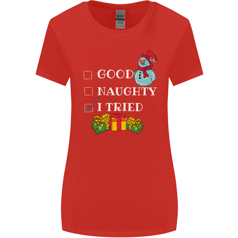 Good Naughty I Tried Funny Christmas Xmas Womens Wider Cut T-Shirt Red