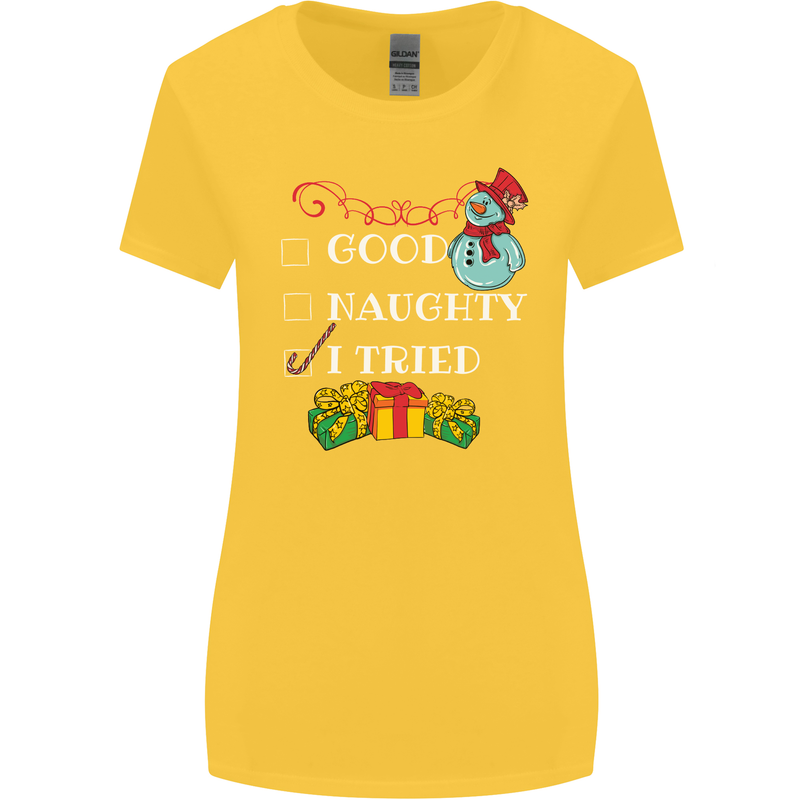 Good Naughty I Tried Funny Christmas Xmas Womens Wider Cut T-Shirt Yellow