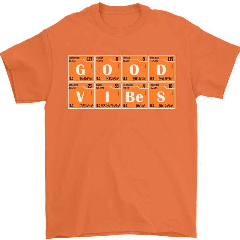 Good Vibes Periodic Table Chemistry Funny Mens T-Shirt Cotton Gildan Orange