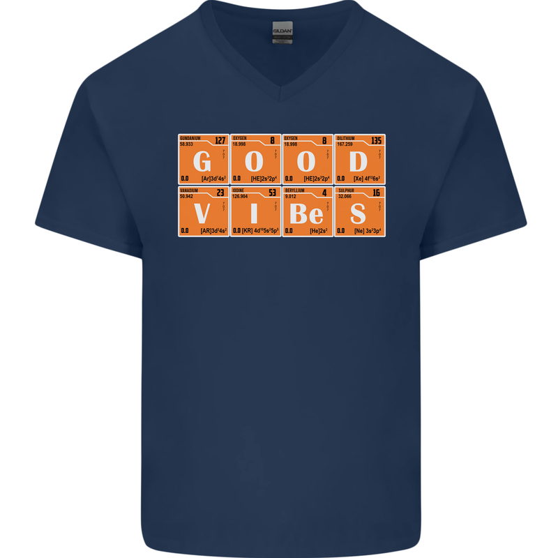 Good Vibes Periodic Table Chemistry Funny Mens V-Neck Cotton T-Shirt Navy Blue