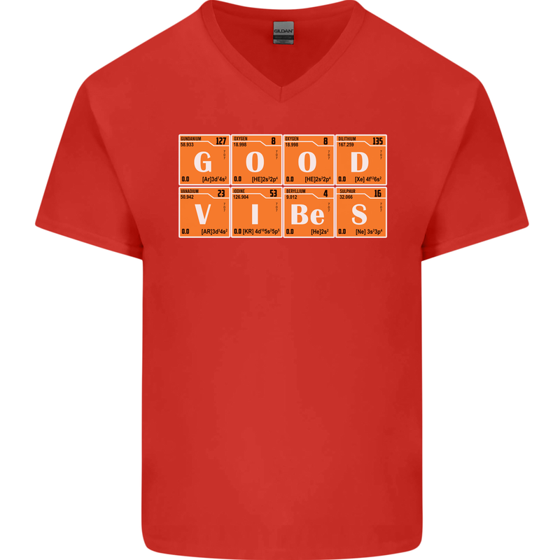 Good Vibes Periodic Table Chemistry Funny Mens V-Neck Cotton T-Shirt Red
