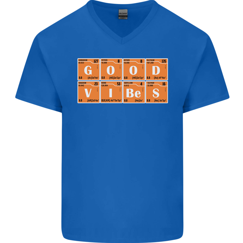 Good Vibes Periodic Table Chemistry Funny Mens V-Neck Cotton T-Shirt Royal Blue