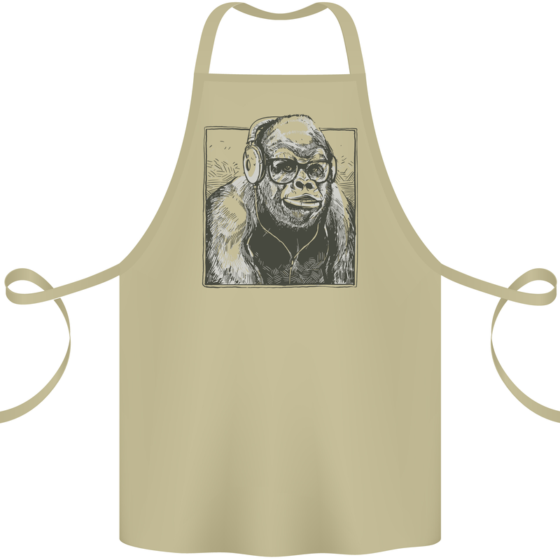 Gorilla with Headphones DJ Dance Music Cotton Apron 100% Organic Khaki