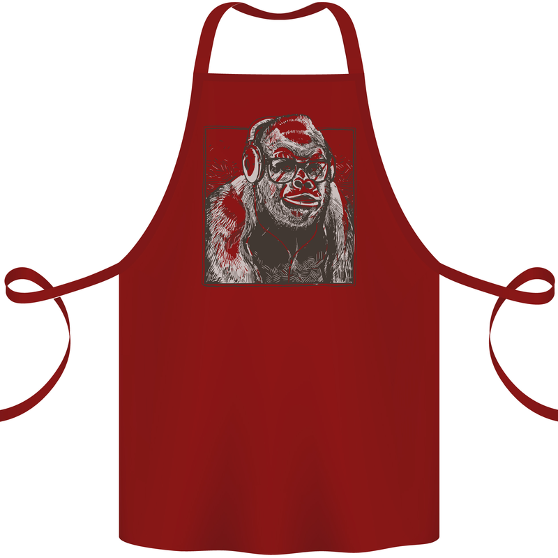 Gorilla with Headphones DJ Dance Music Cotton Apron 100% Organic Maroon