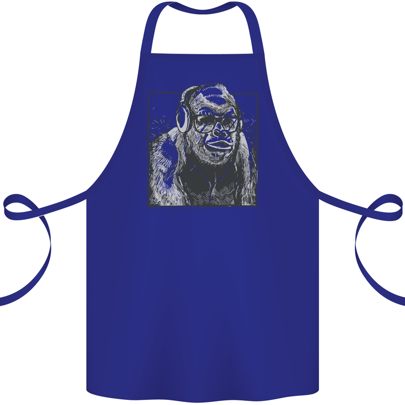Gorilla with Headphones DJ Dance Music Cotton Apron 100% Organic Royal Blue