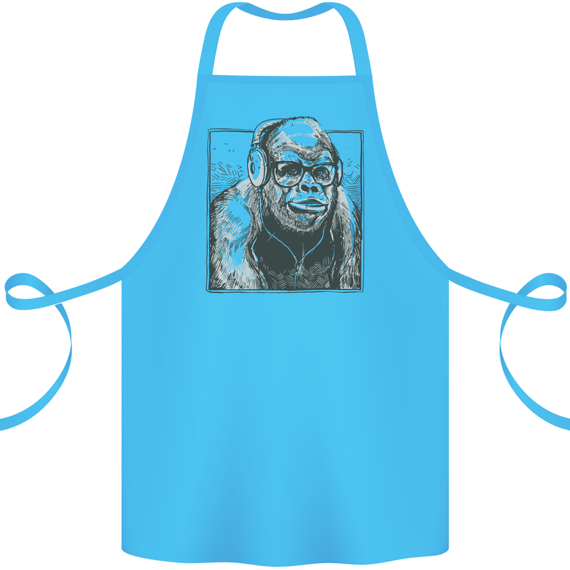 Gorilla with Headphones DJ Dance Music Cotton Apron 100% Organic Turquoise