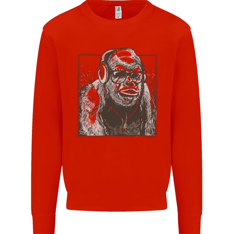Gorilla with Headphones DJ Dance Music Kids Sweatshirt Jumper Bright Red
