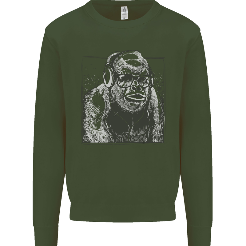 Gorilla with Headphones DJ Dance Music Kids Sweatshirt Jumper Forest Green
