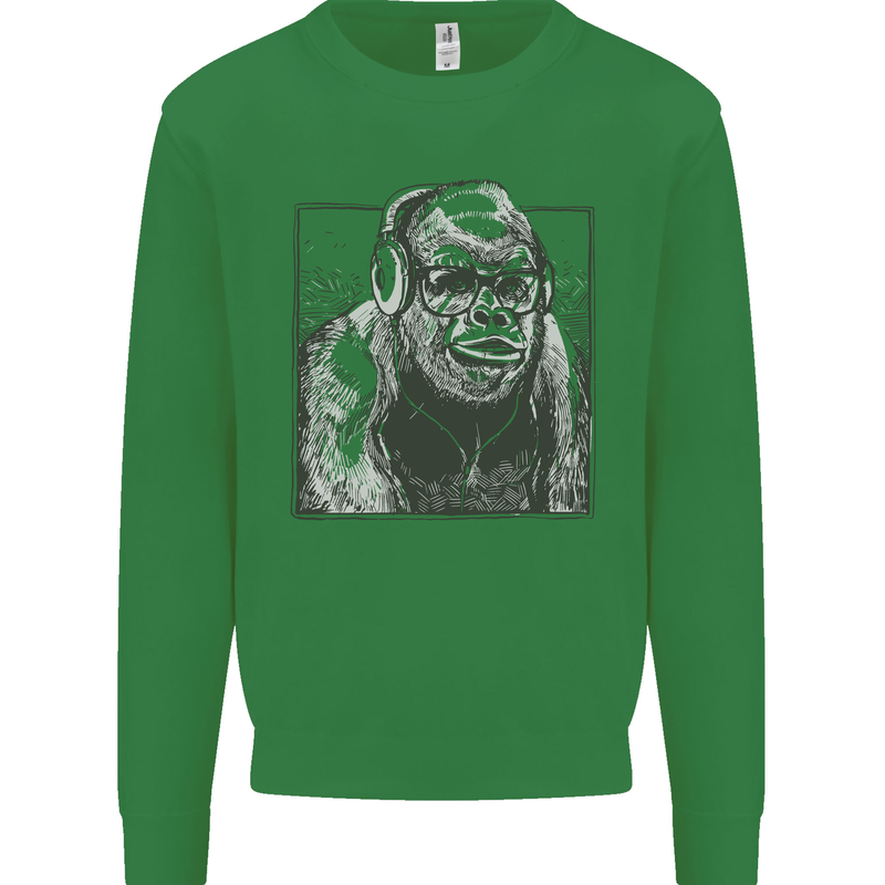 Gorilla with Headphones DJ Dance Music Kids Sweatshirt Jumper Irish Green
