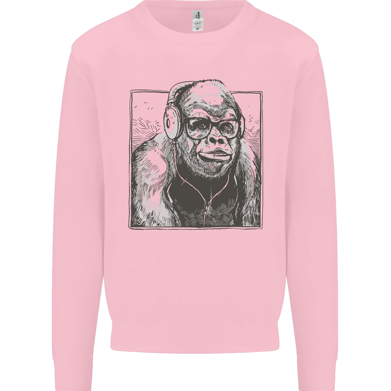 Gorilla with Headphones DJ Dance Music Kids Sweatshirt Jumper Light Pink