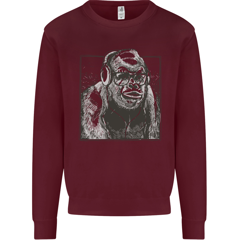 Gorilla with Headphones DJ Dance Music Kids Sweatshirt Jumper Maroon
