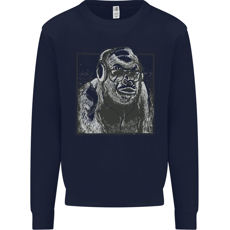 Gorilla with Headphones DJ Dance Music Kids Sweatshirt Jumper Navy Blue