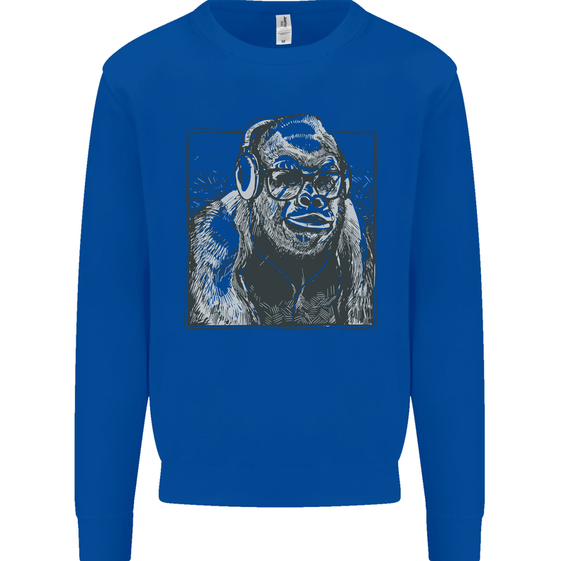 Gorilla with Headphones DJ Dance Music Kids Sweatshirt Jumper Royal Blue