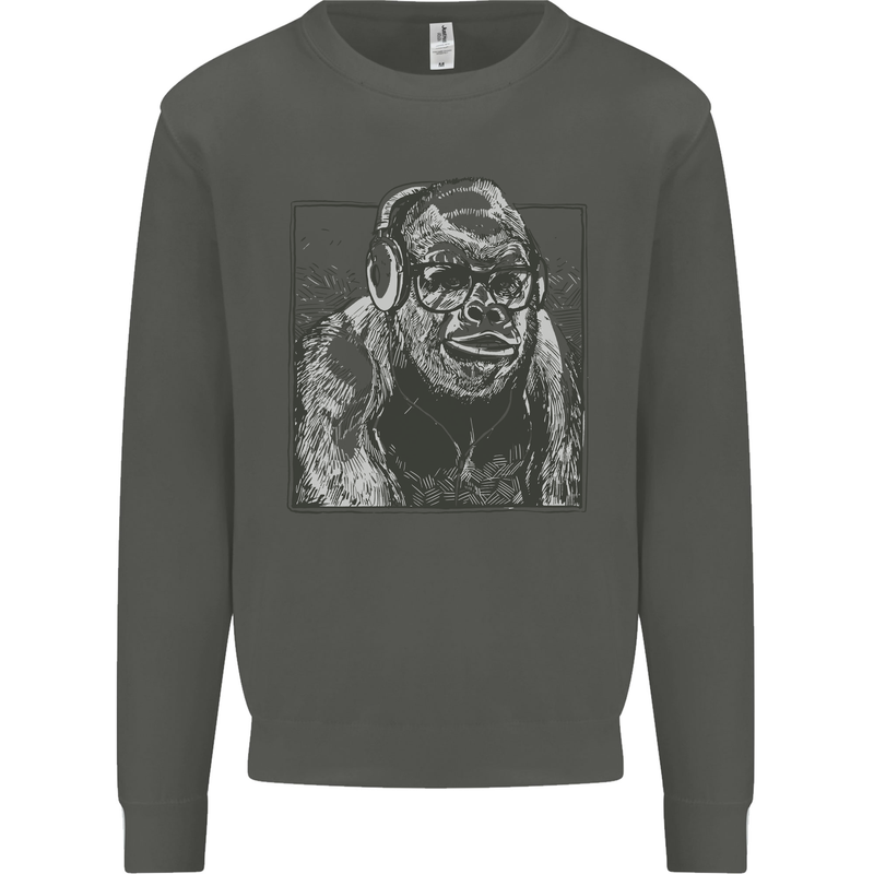 Gorilla with Headphones DJ Dance Music Kids Sweatshirt Jumper Storm Grey