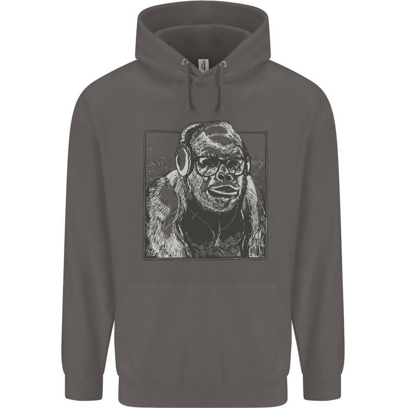 Gorilla with Headphones DJ Dance Music Mens 80% Cotton Hoodie Charcoal