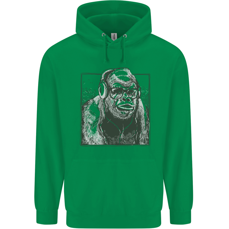 Gorilla with Headphones DJ Dance Music Mens 80% Cotton Hoodie Irish Green