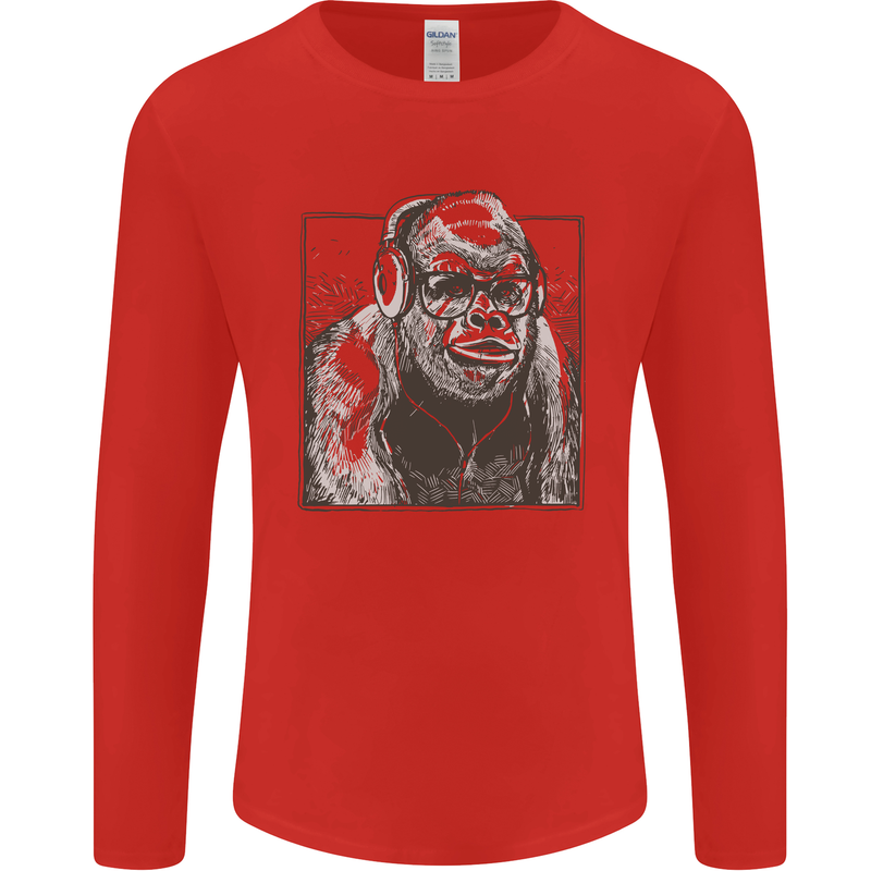 Gorilla with Headphones DJ Dance Music Mens Long Sleeve T-Shirt Red