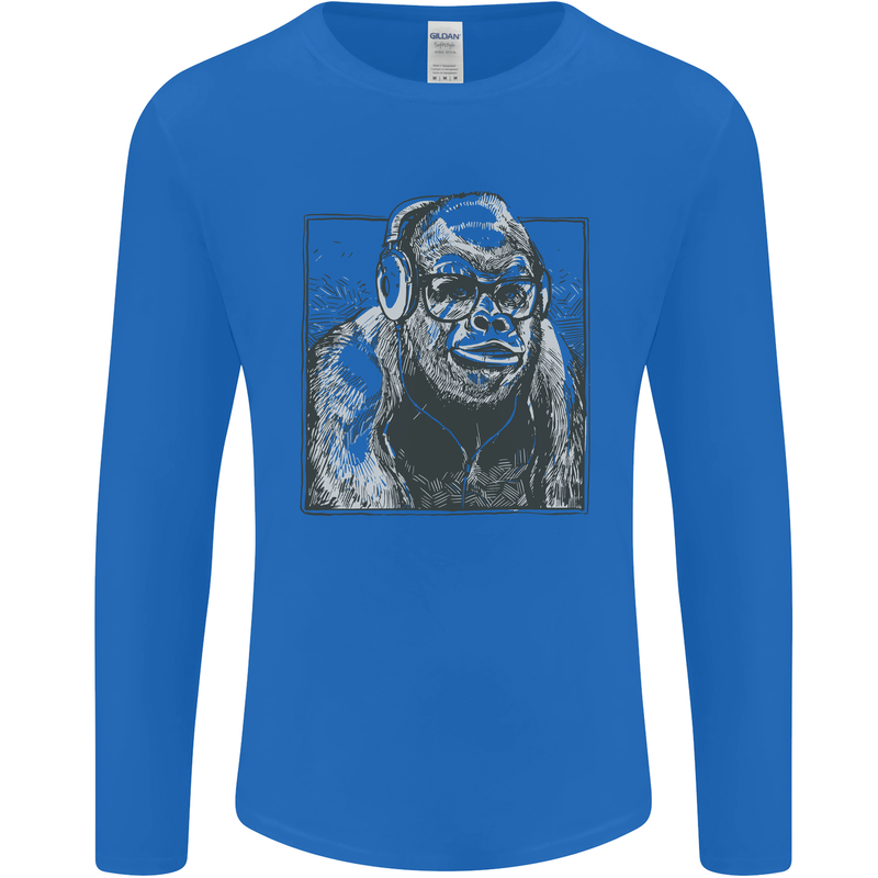 Gorilla with Headphones DJ Dance Music Mens Long Sleeve T-Shirt Royal Blue