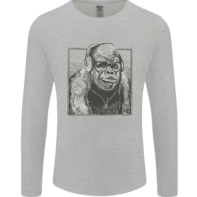 Gorilla with Headphones DJ Dance Music Mens Long Sleeve T-Shirt Sports Grey