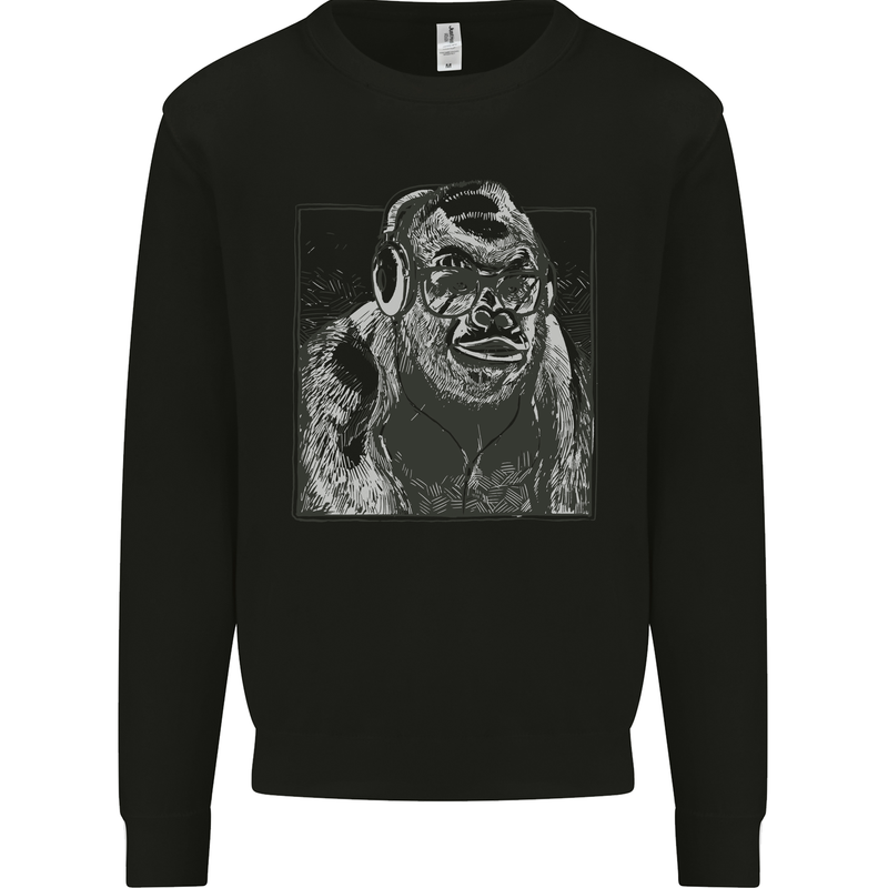 Gorilla with Headphones DJ Dance Music Mens Sweatshirt Jumper Black