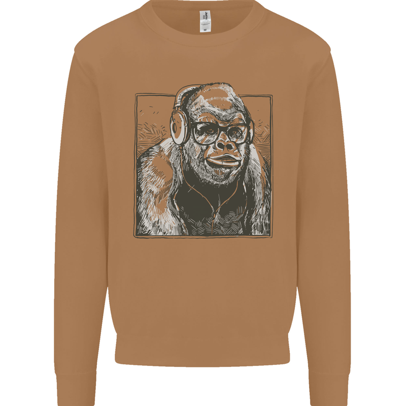 Gorilla with Headphones DJ Dance Music Mens Sweatshirt Jumper Caramel Latte