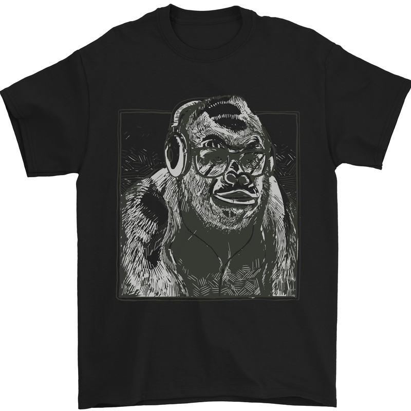 Gorilla with Headphones DJ Dance Music Mens T-Shirt Cotton Gildan Black