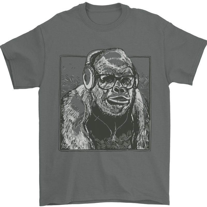 Gorilla with Headphones DJ Dance Music Mens T-Shirt Cotton Gildan Charcoal