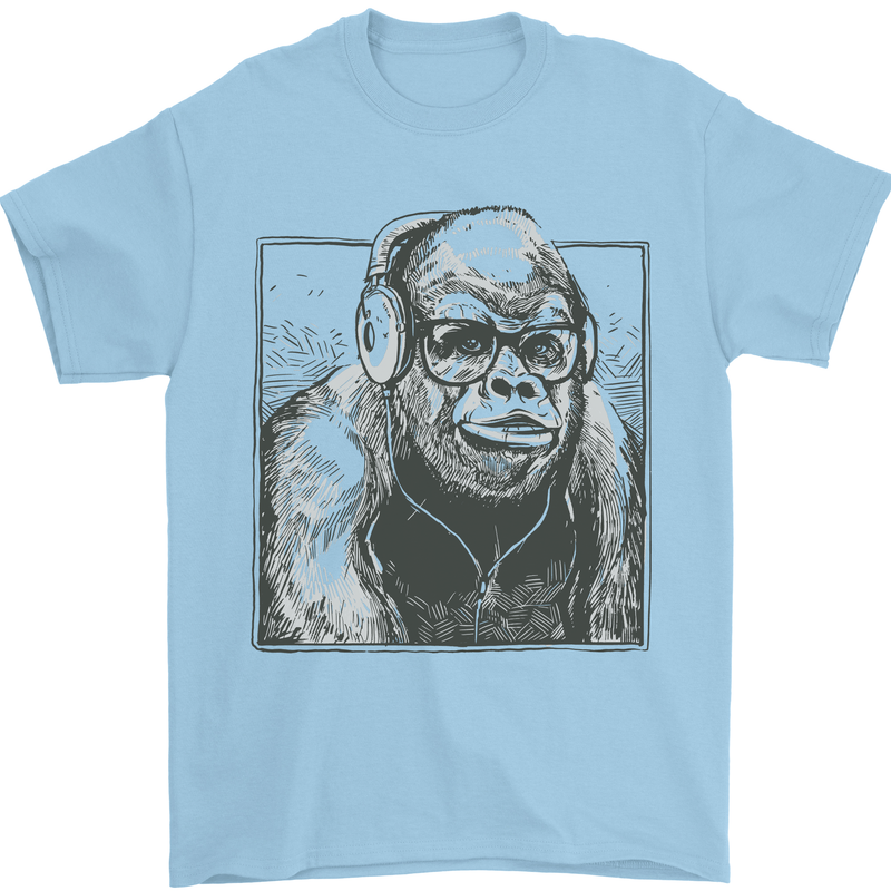 Gorilla with Headphones DJ Dance Music Mens T-Shirt Cotton Gildan Light Blue