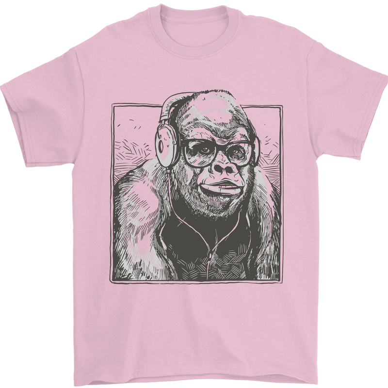 Gorilla with Headphones DJ Dance Music Mens T-Shirt Cotton Gildan Light Pink