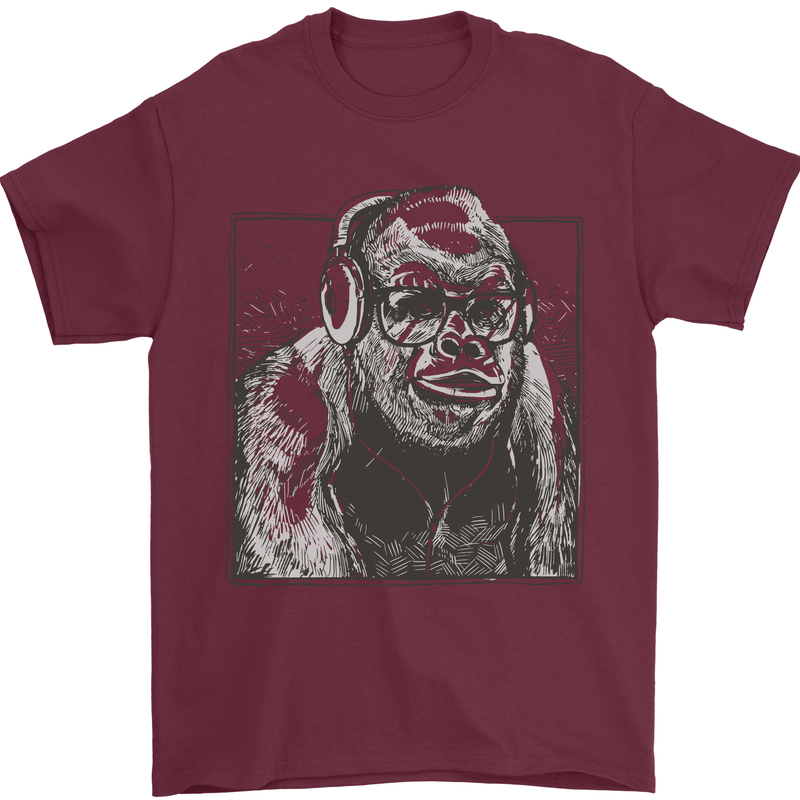 Gorilla with Headphones DJ Dance Music Mens T-Shirt Cotton Gildan Maroon