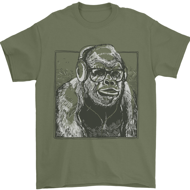 Gorilla with Headphones DJ Dance Music Mens T-Shirt Cotton Gildan Military Green