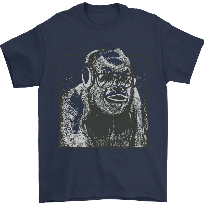 Gorilla with Headphones DJ Dance Music Mens T-Shirt Cotton Gildan Navy Blue