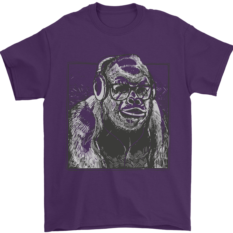 Gorilla with Headphones DJ Dance Music Mens T-Shirt Cotton Gildan Purple