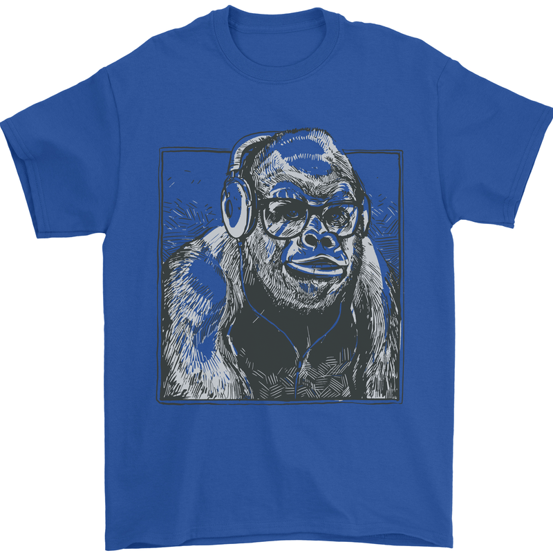 Gorilla with Headphones DJ Dance Music Mens T-Shirt Cotton Gildan Royal Blue