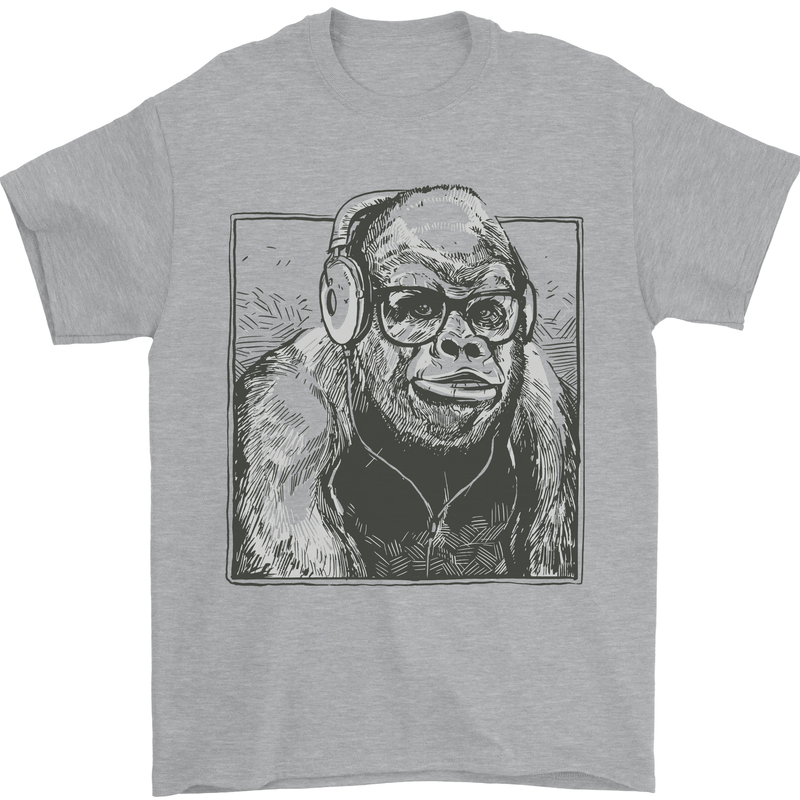 Gorilla with Headphones DJ Dance Music Mens T-Shirt Cotton Gildan Sports Grey