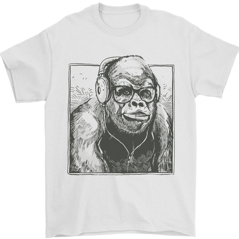 Gorilla with Headphones DJ Dance Music Mens T-Shirt Cotton Gildan White