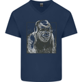 Gorilla with Headphones DJ Dance Music Mens V-Neck Cotton T-Shirt Navy Blue