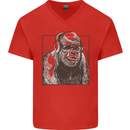 Gorilla with Headphones DJ Dance Music Mens V-Neck Cotton T-Shirt Red